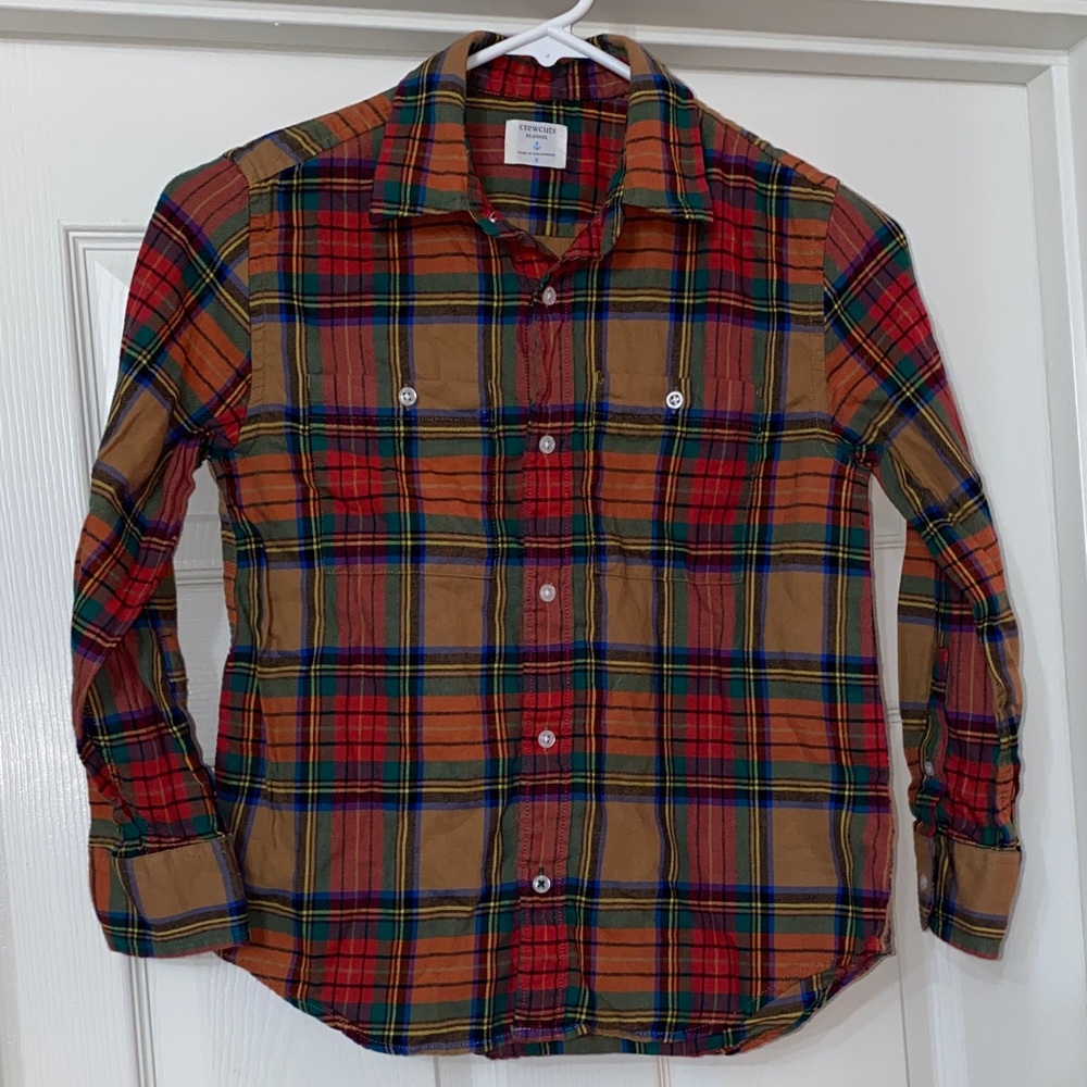Crewcuts Brown, Red & Green Flannel Plaid Button-Down Shirt. Size 8